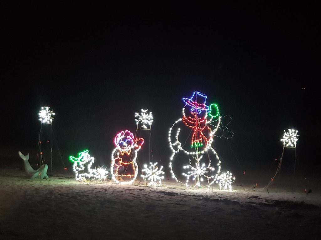 Lit up Snowman with lit up snowflakes